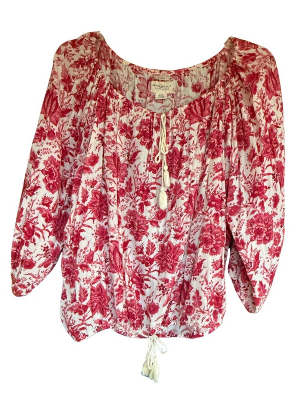 Denim & Supply Ralph Lauren XL Red Cream Boho Peasant Top Tassel Tie